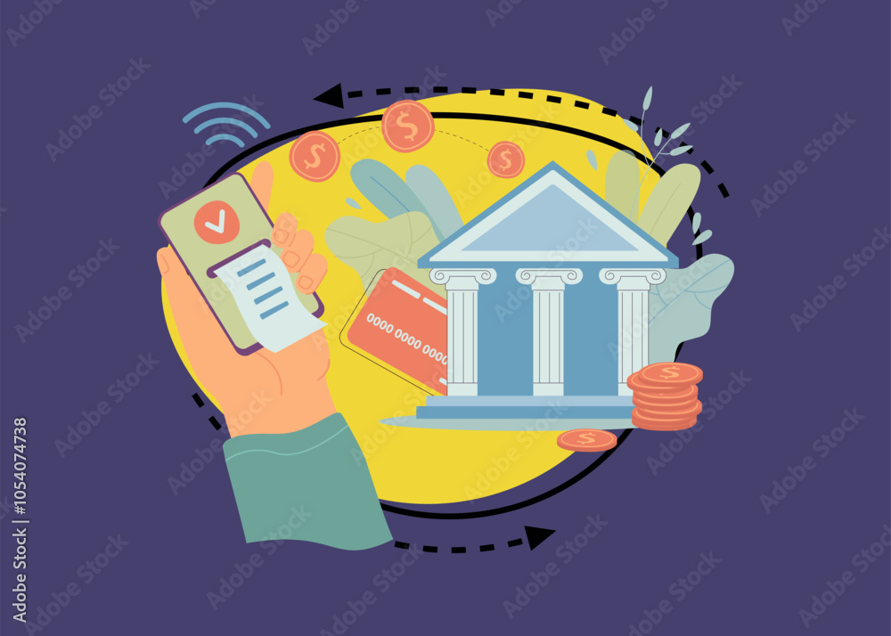 Obraz premium Hand of person paying via phone using online banking service. Bank building with credit card, stack of coins vector illustration. Online shopping, payment, transaction, technology, banking concept