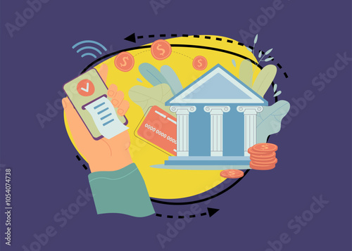 Hand of person paying via phone using online banking service. Bank building with credit card, stack of coins vector illustration. Online shopping, payment, transaction, technology, banking concept