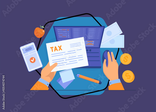 Hands holding tax bill vector illustration. Man checking expensive utility bills online, using banking app on laptop and smartphone. Personal finances management, economy concept