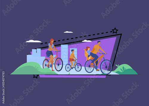 Happy family riding bikes vector illustration. Parents and children cycling on bike path in park, spending time together outdoors. Family reunion, quality time, sport concept