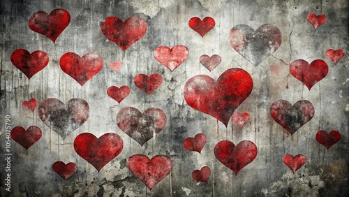 A weathered, distressed wall surface with a scattered arrangement of red hearts in various sizes, creating a visually captivating display of love and resilience
