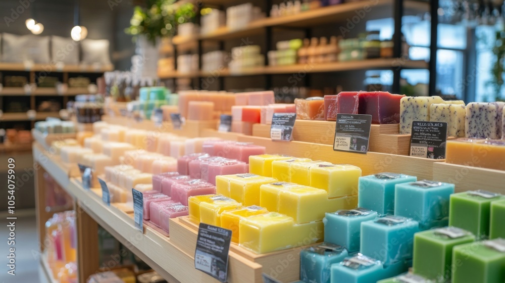 Fototapeta premium Display of colorful soaps in a natural products store. Appealing array of eco-friendly cleansing options.