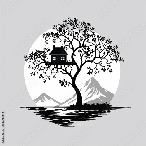 Silhouette Landscape with Tree, River, Sky & Forest Explore the Tranquility of a Winding River Landscape Tranquil Meadow with Wildflowers and Babbling Brook  All around, there is an atmosphere 