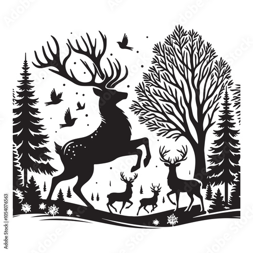 Silhouette of a deer in the forest. Winter Forest Wildlife silhouette vector on a white background