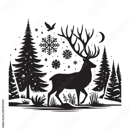 Silhouette of a deer in the forest. Winter Forest Wildlife silhouette vector on a white background