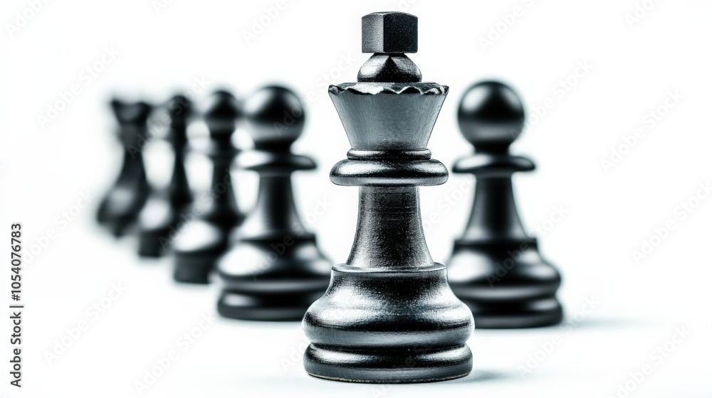 Row of black chess pieces led by a king, illustrating strategy and leadership on a white background.