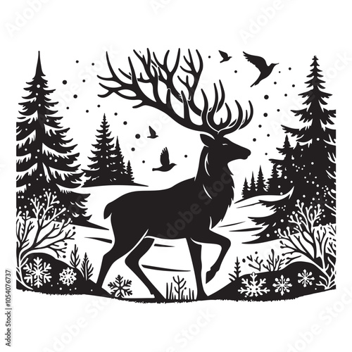 Silhouette of a deer in the forest. Winter Forest Wildlife silhouette vector on a white background