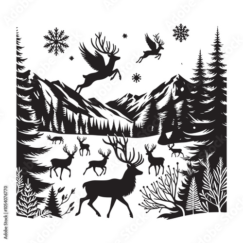 Silhouette of a deer in the forest. Winter Forest Wildlife silhouette vector on a white background