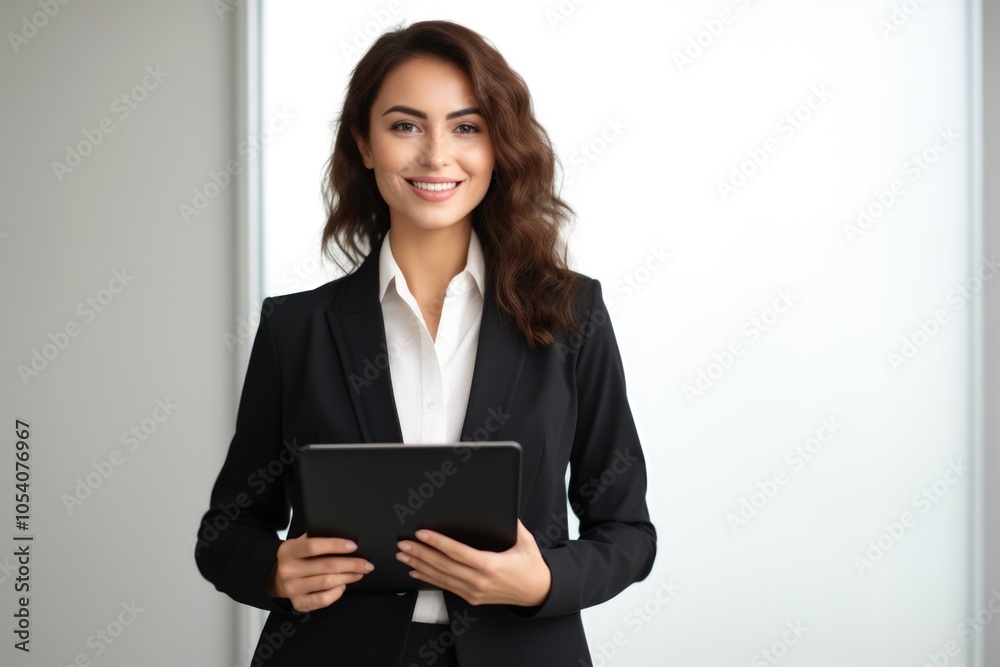 Woman in a business suit holding a tablet. She is smiling and she is happy. Concept of professionalism and confidence Woman in a business suit holding a tablet. She is smiling and she is happy. Concept of professionalism and confidence