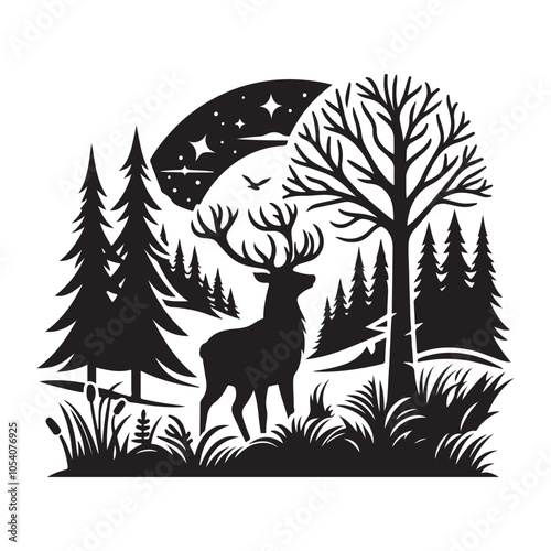 Silhouette of a deer in the forest. Winter Forest Wildlife silhouette vector on a white background