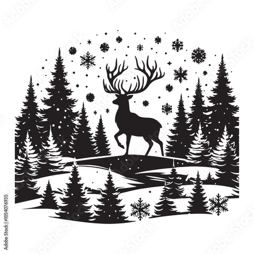 Silhouette of a deer in the forest. Winter Forest Wildlife silhouette vector on a white background
