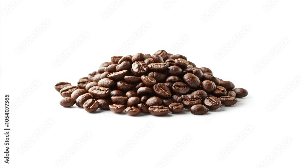 Obraz premium Heap of coffee beans isolated on white, with deep brown colors and textured surfaces emphasized for a close, natural look