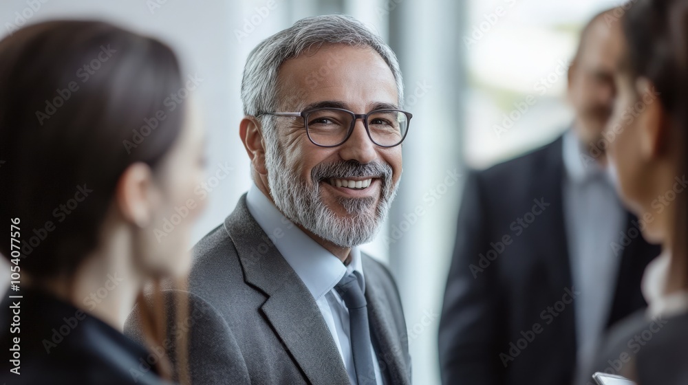 Smiling businessman interacting with colleagues in a modern office environment, showcasing professional teamwork and positive communication. Smiling businessman interacting with colleagues in a modern office environment, showcasing professional teamwork and positive communication.