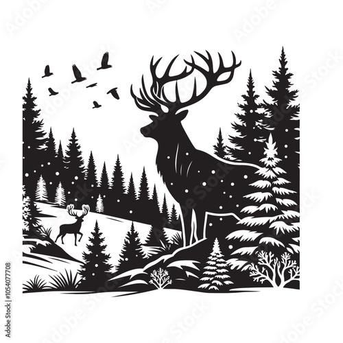 Silhouette of a deer in the forest. Winter Forest Wildlife silhouette vector on a white background