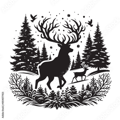 Silhouette of a deer in the forest. Winter Forest Wildlife silhouette vector on a white background