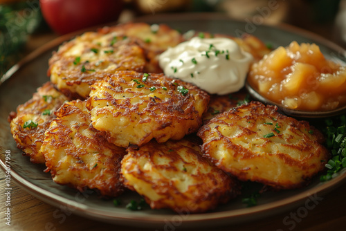 Plate of golden, crispy latkes with applesauce and sour cream, served on a Hanukkah-themed table.