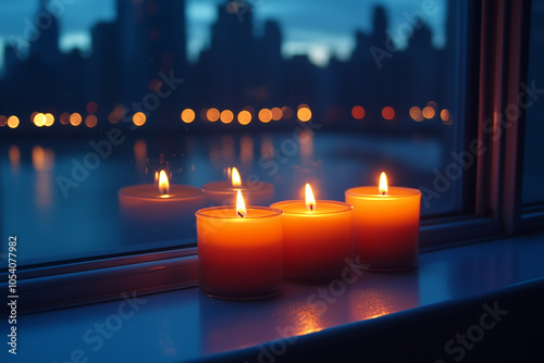 Menorah set on a windowsill with city lights reflecting outside, candles glowing brightly in each holder. photo