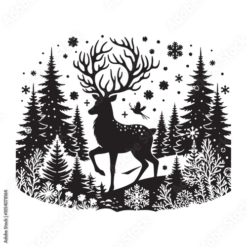 Silhouette of a deer in the forest. Winter Forest Wildlife silhouette vector on a white background