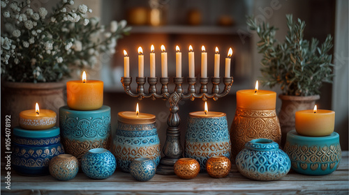 Festive Hanukkah setup with dreidels, gelt, and menorah with all candles glowing. photo