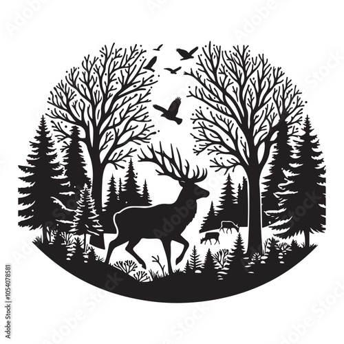 Silhouette of a deer in the forest. Winter Forest Wildlife silhouette vector on a white background