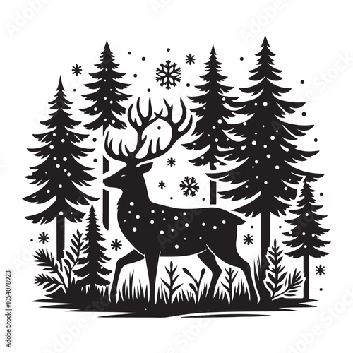 Silhouette of a deer in the forest. Winter Forest Wildlife silhouette vector on a white background