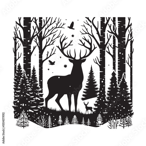 Silhouette of a deer in the forest. Winter Forest Wildlife silhouette vector on a white background