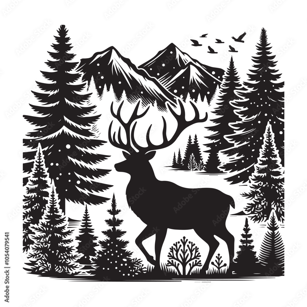 Silhouette of a deer in the forest. Winter Forest Wildlife silhouette vector on a white background