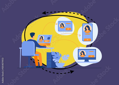 Man hacking into account of woman vector illustration. Cartoon drawing of hacker stealing social network data of girl. Cybersecurity, safety, personal information, internet concept