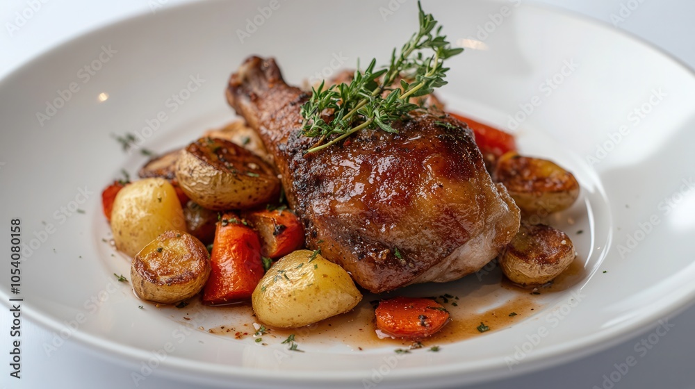Delicious duck confit served with roasted vegetables and crispy potatoes on a white plate Delicious duck confit served with roasted vegetables and crispy potatoes on a white plate