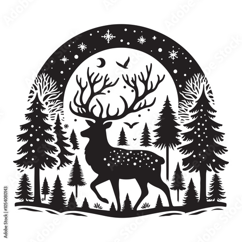 Silhouette of a deer in the forest. Winter Forest Wildlife silhouette vector on a white background