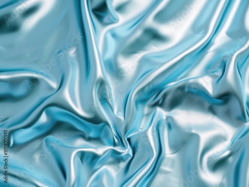 Blue fabric with a shiny texture. The fabric is smooth and has a metallic sheen. The color of the fabric is a deep blue, and it is a type of satin. The fabric is draped over a surface