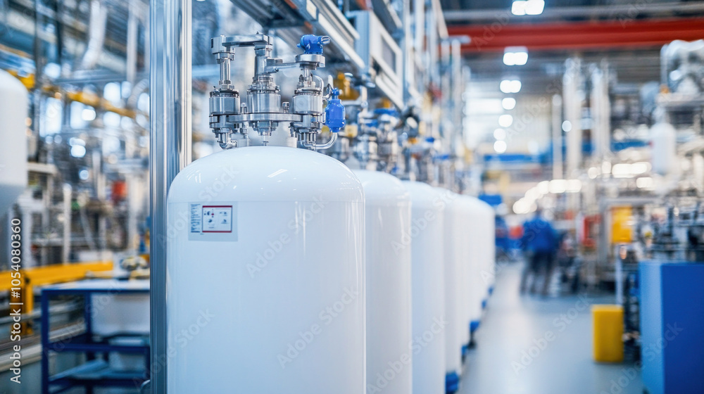 Fototapeta premium White industrial tanks with pipes and valves in modern factory