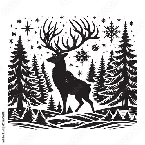 Silhouette of a deer in the forest. Winter Forest Wildlife silhouette vector on a white background