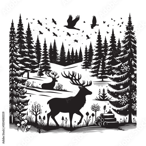Silhouette of a deer in the forest. Winter Forest Wildlife silhouette vector on a white background