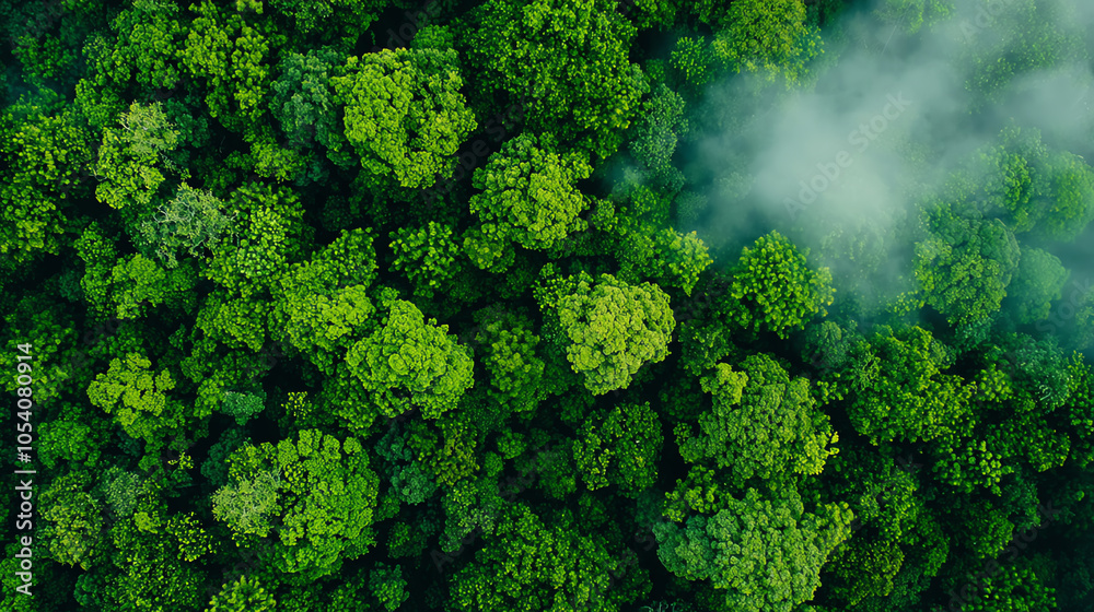 Fogcovered rainforest canopy with varied tree species, showing balanced biodiversity and sustainable growth Fogcovered rainforest canopy with varied tree species, showing balanced biodiversity and sustainable growth