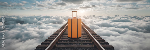 Orange suitcase on train tracks above clouds  journey  adventure  freedom  travel  hope   