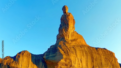 Monumentos naturales en un parque nacional Imponentes formaciones rocosas en un parque nacional, con un cielo azul claro de fondo. La luz del sol resalta las texturas de las roca photo