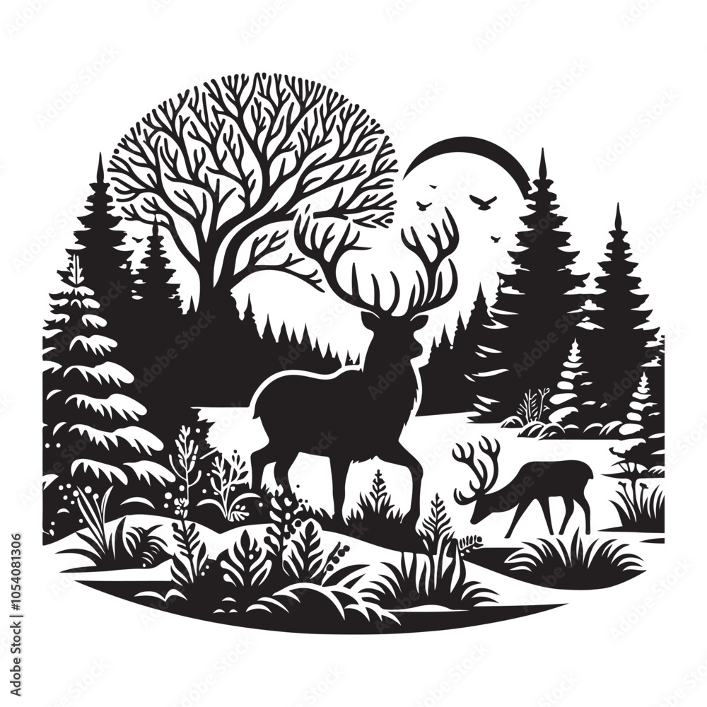 Fototapeta premium Silhouette of a deer in the forest. Winter Forest Wildlife silhouette vector on a white background