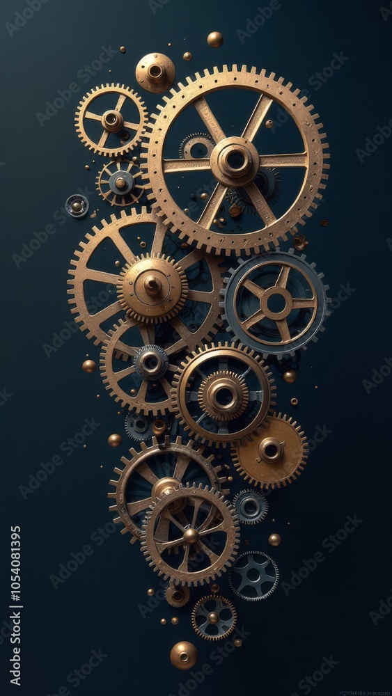 Fototapeta premium A collection of gears and wheels are scattered across a blue background