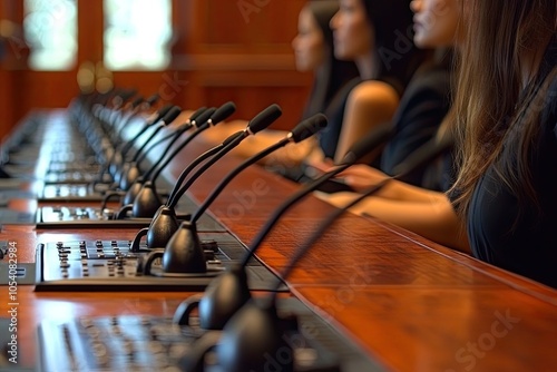 Mujer de negocios presentándose en una reunión, mostrando confianza y entusiasmo, mientras sus colegas la observan. La sala está equipada con tecnología moderna, transmitiendo profesionalismo y determ photo