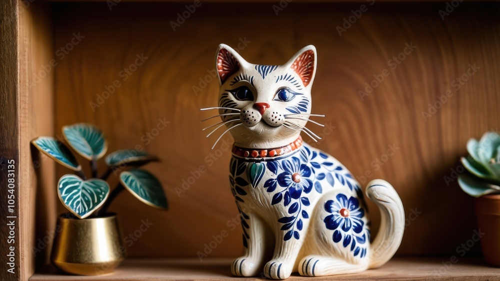 Fototapeta premium Artistic clay figure of a cat, featuring bright floral details. Hand-painted for decorative use, bringing vibrant charm to any interior space.