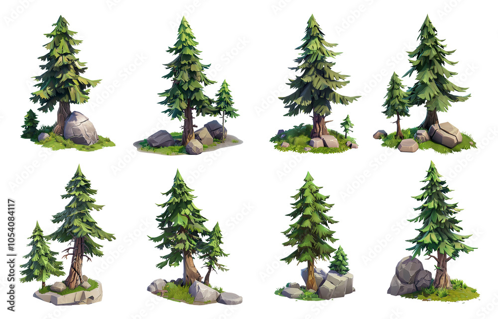 Obraz premium Stylized set with grass, rocks, fir-trees, spruce. Forest elements for landscape. Isolated on transparent background.
