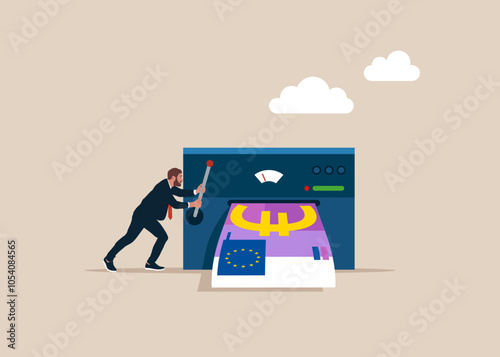 Businessman printing euro money. Operating Large Lever in Finance. Effort and time to make euro money. Flat vector illustration