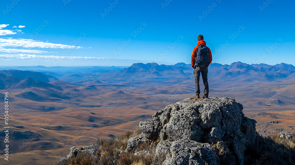 Obraz premium A man stands on a rock overlooking a vast, empty desert