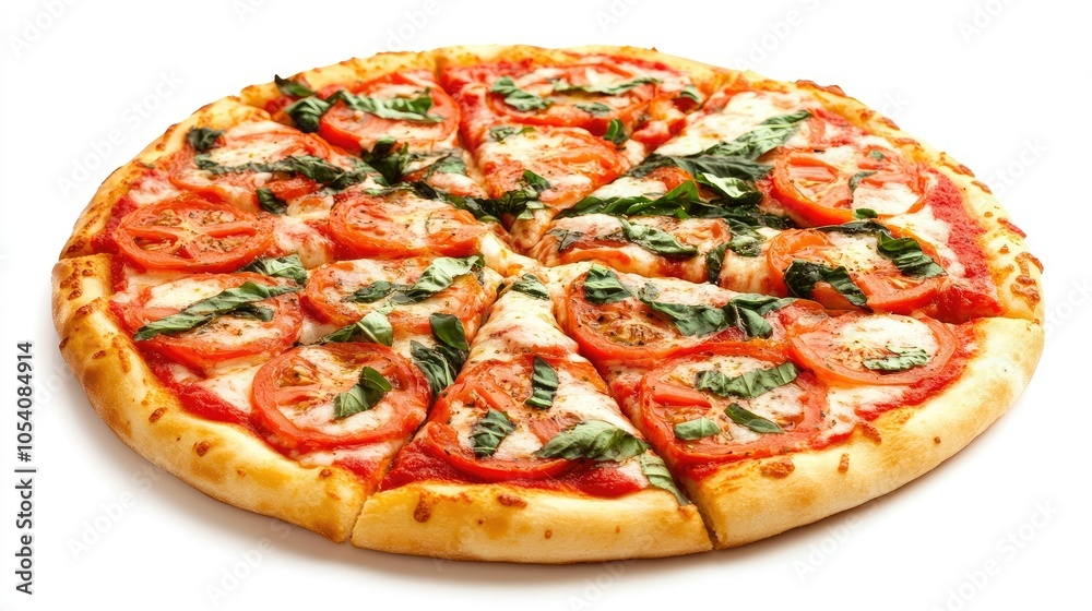 Pizza with fresh tomato, basil, and mozzarella, isolated on white background, showcasing its vibrant toppings and Italian-inspired simplicity Pizza with fresh tomato, basil, and mozzarella, isolated on white background, showcasing its vibrant toppings and Italian-inspired simplicity