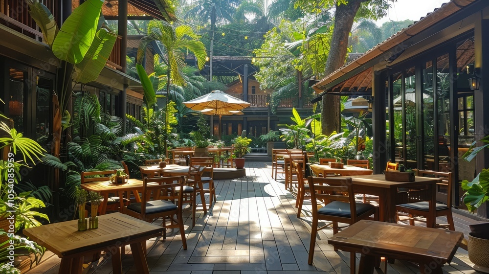 Fototapeta premium A peaceful outdoor cafe patio with wooden tables and chairs, lush greenery, and sunlight filtering through the trees.