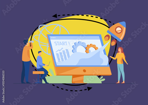 Team starting project. Workgroup working on startup, launching rocket from monitor with growth chart. Vector illustration for new business idea concept
