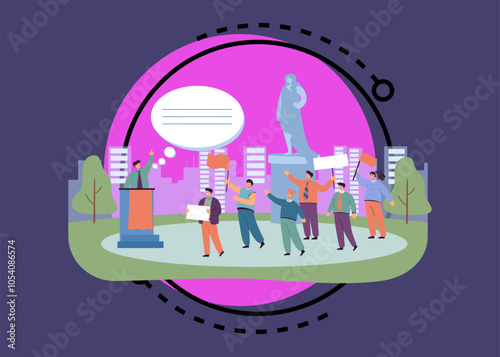 Spokesman giving speech at square vector illustration. Activists with banners listening to public sector quote with monument of woman in background. Public sector, government, protest concept