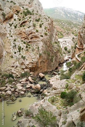 Vertical rock faces on the Kings Walkway or El Caminito del Rey in the province of Malaga, Andalusia, southern Spain. photo