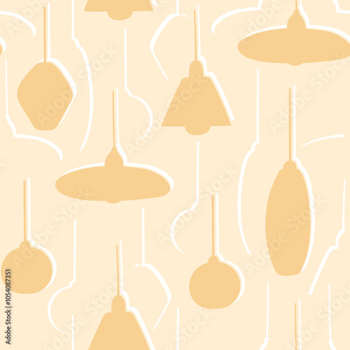 Monochrome hand drawn lamps seamless pattern. Different types of chandeliers and decorative elements in beige colors